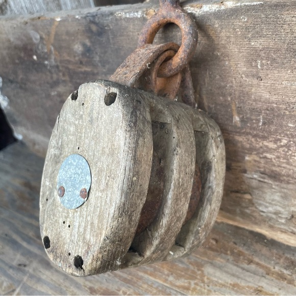 Very Vintage Rustic Wood Iron Block & Tackle Pulley Primitive - Picture 7 of 13
